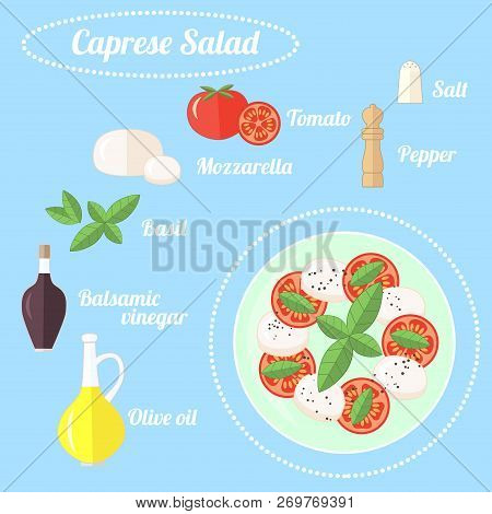 Caprese, Traditional Italian Salad And Its Ingredients: Tomatoes, Mozzarella, Basil Leaves, Balsamic