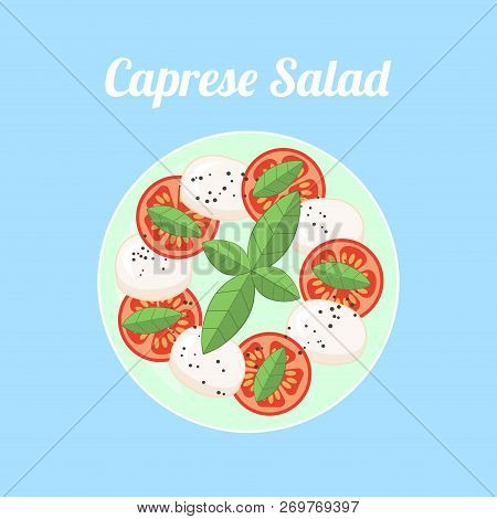 Caprese, Traditional Italian Salad On Blue Background. Flat Vector