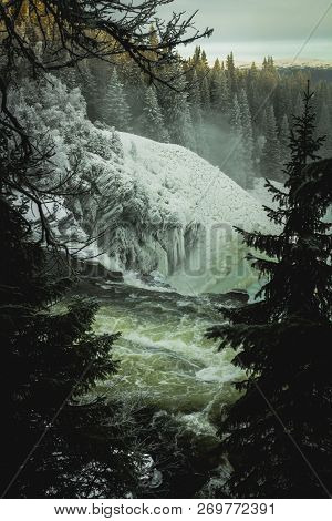 Biggest Frozen Swedish Waterfall Tannforsen In Winter Time
