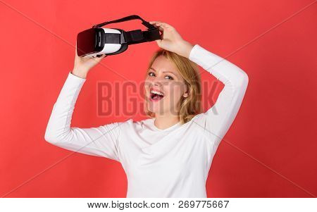 The Woman With Glasses Of Virtual Reality. A Person In Virtual Glasses Flies In Room Space. Amazed Y
