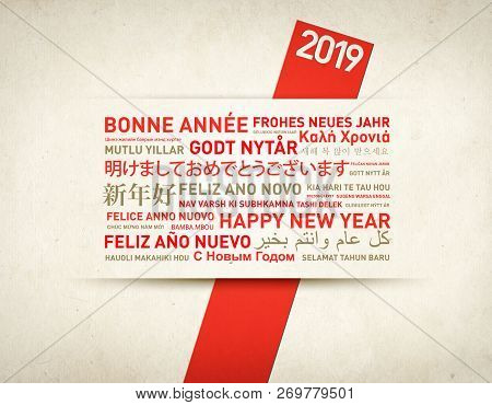 2019 Happy New Year Vintage Greentings Card From The World In Different Languages, Illustration