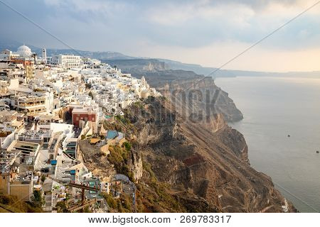 Thira, Santorini - 18.10.2018: Panoramic View Traditional Famous White Houses And Churches In Thira 