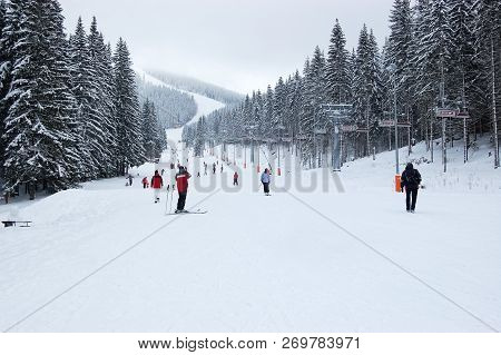 Jasna, Slovakia - January 18, 2012. View Of The Ski Slope And Cable Car On A Winter Day In The Ski R