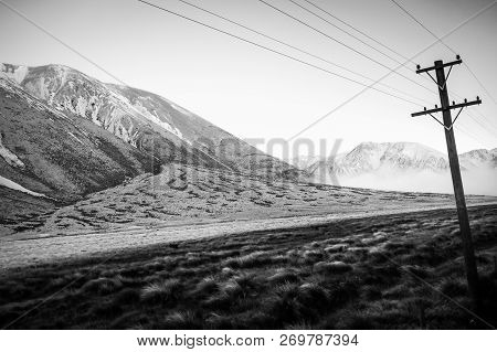 Mountain Fields Landscape In New Zealand, Black And White Picture