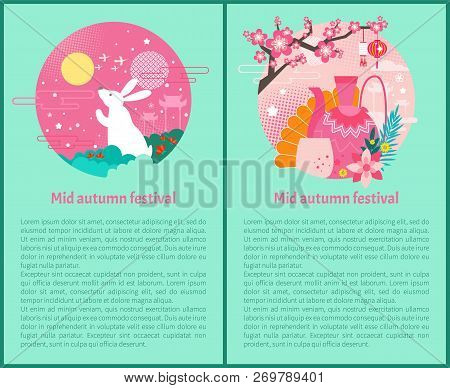 Mid Autumn Festival Posters Set. Bunny Rabbit And Flowers In Sky. Architectural Type Of China Teapot