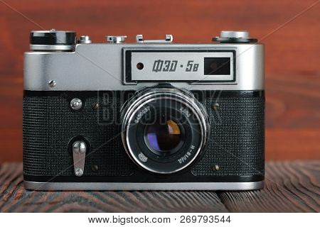 Moscow, Russia, April 11, 2017. The Old Soviet Rangefinder Camera Fed-5b, Released1976.