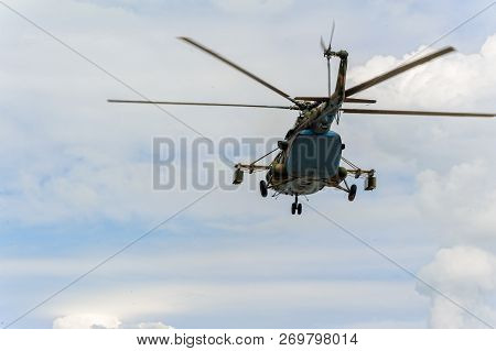 Tyumen, Russia - June 21, 2017: Army Games. Safe Route Contest. Military Helicopter Mi-8 In The Clou