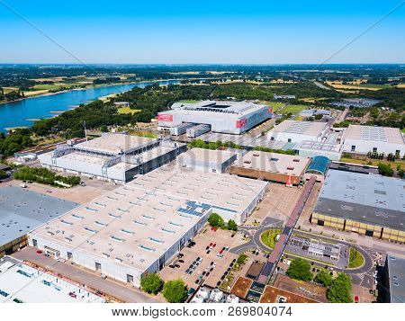 Dusseldorf, Germany - July 02, 2018: Dusseldorf Messe Trade Fair Ground And Esprit Arena Stadium In 