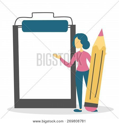 Woman Stand At Big Checklist On Clipboard Concept. Business Note On List. Pencil For Making Plan. Ve