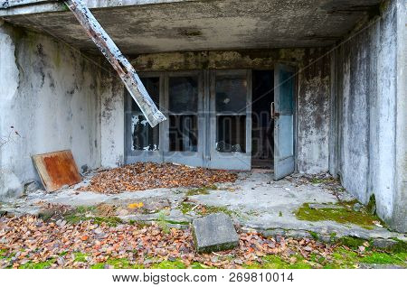 Entrance Of 9-storey Building In Abandoned Ghost Town Of Pripyat In Chernobyl Npp Alienation Zone, U