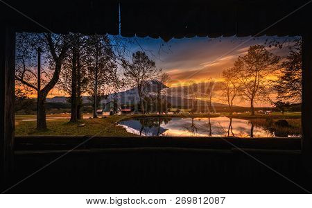 Mt. Fuji With Big Trees And Lake At Sunrise In Fujinomiya, Japan