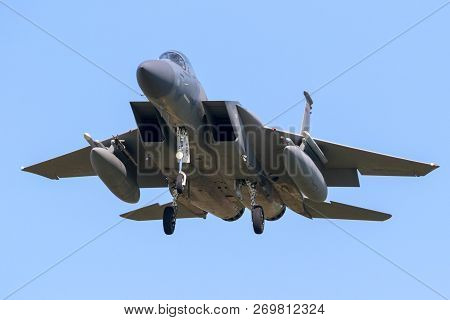 Leeuwarden, Netherlands - Apr 19, 2018: Us Air Force F-15 Eagle Fighter Jet Airplane On Final Approa