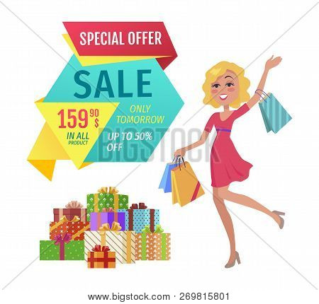 Special Offer Vector Banner With Person Shopping. Sale Only Tomorrow Fixed Price In All Product, Hap