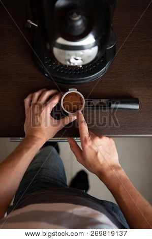Photo Of Coffee Maker, Man Hand Pouring Coffee In Kitchen