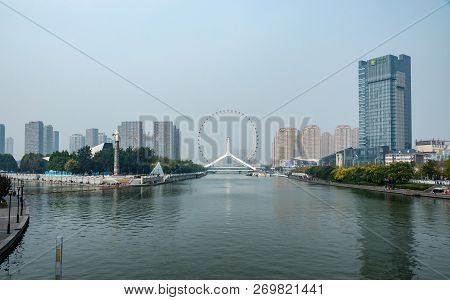 Tianjin, China - 21 October 2018: Tientsin Eye Ferris Wheel In Tianjin