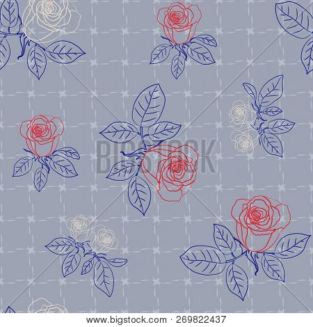 Seamless Pattern With Roses On Grey Background. Vector Illustration