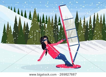 Woman Windboarder Windsurfing On Snow Mountains Fir Tree Forest Landscape Background Extreme Sport W