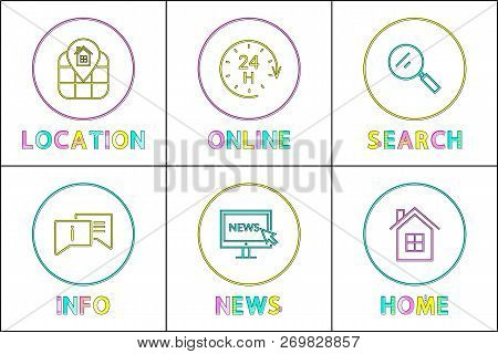 Online Services Posters Set With Headlines. Location And Search Engines, Home Page With Building Ico