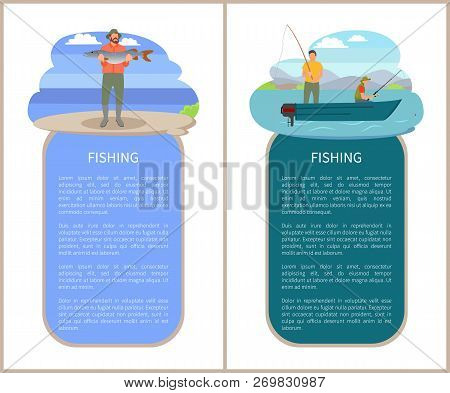 Fishing From Powerboat With Friends On River Or Lake. Fishermen With Equipment Rod And Tackle, Guy O