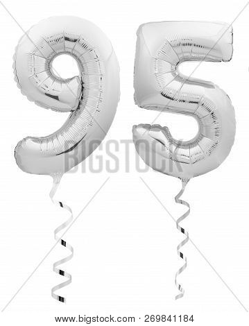 Silver Chrome Number Ninety Five 95 Made Of Inflatable Balloon With Ribbon Isolated On White