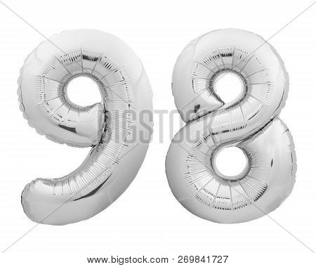 Silver Chrome Number Number 98 Ninety Eight Made Of Inflatable Balloon On White