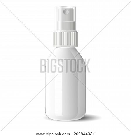 Realistic White Glossy Glass Or Plastic Cosmetic Bottle Can Sprayer Container. Dispenser Cockup Temp