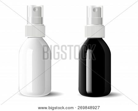 Realistic Black And White Glossy Glass Or Plastic Cosmetic Bottles Can Sprayer Container Set. Dispen
