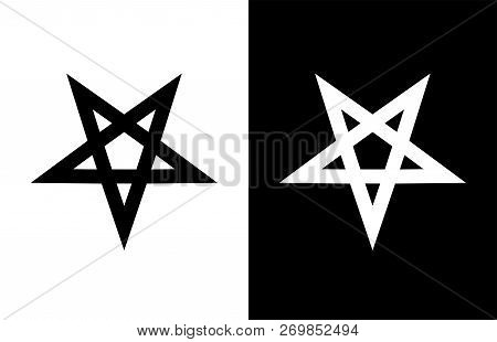 Vector Emblem Of Satan Pentagram Star On White And Black Background.