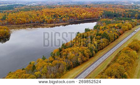 A Big Semi Truck Rig Enjoys Fall Color In New England On The Open Road