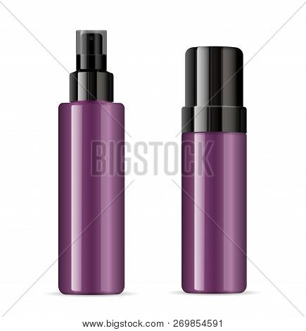 Set Of Purple Cosmetic Glossy Plastic Or Glass Bottles With Black Dispenser Spray Pump. Sprayer Liqu