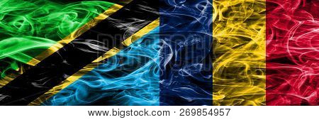 Tanzania Vs Chad, Chadian Smoke Flags Placed Side By Side. Thick Colored Silky Smoke Flags Of Tanzan