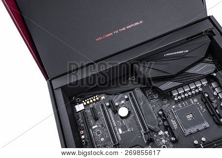 Uzhgorod, Ukraine - October 24, 2018: Box Of Motherboard Asus Rog Crosshair Vii Hero On White Backgr