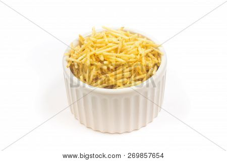 Potato Sticks In A White Bowl. Batata Palha Isolated On White Background