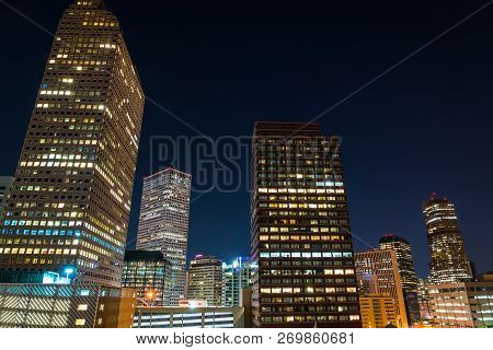 Illuminated Cityscape At Blue Hour Nightscape Of Denver , Colorado , Usa Amazing Skies Above A Fast 