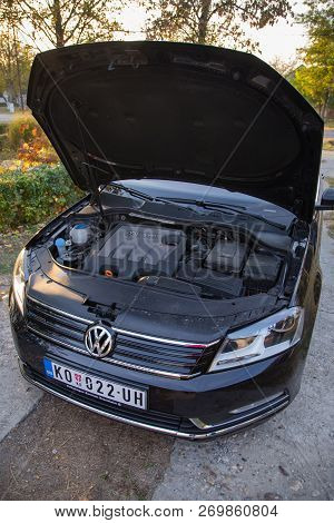 Belgrade, Serbia, October 14. 2018 : Passat B7 Blue Motion Inside Of Hood
