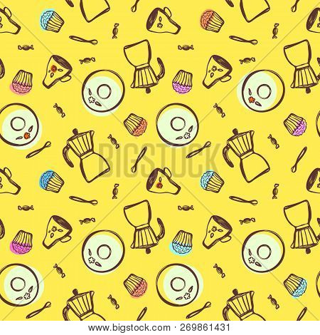 Colored Items For Coffee And Tea In A Hand-drawn Manner Such As Geyser Coffee Maker, Saucer, Cup, Sp