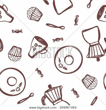 Hand-drawn Geyser Coffee Maker, Saucer, Cup, Spoon, Candy And A Cupcake On A White Background. Vecto