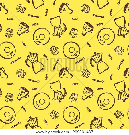 Subjects For Coffee In A Hand-drawn Manner Such As Geyser Coffee Maker, Saucer, Cup, Spoon, Candy An