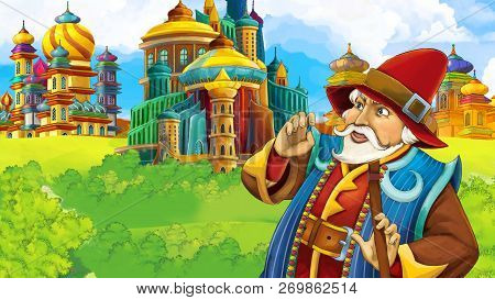 Cartoon Scene With Medieval Arabic Kingdom Prince Or King Traveling - Far East Ornaments - The Stage