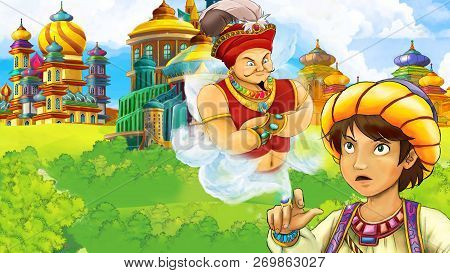 Cartoon Scene With Medieval Arabic Kingdom Prince Or King Traveling Encountering Magician - Far East
