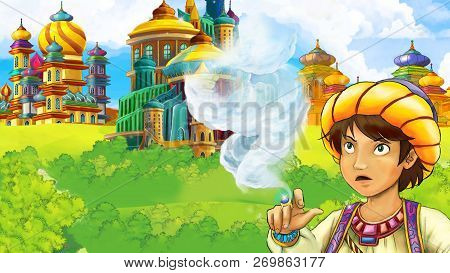 Cartoon Scene With Medieval Arabic Kingdom Prince Or King Traveling - Far East Ornaments - The Stage