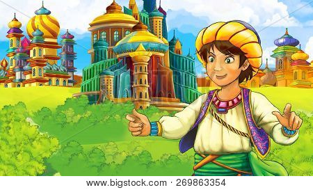 Cartoon Scene With Medieval Arabic Kingdom Prince Or King Traveling - Far East Ornaments - The Stage