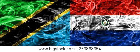 Tanzania Vs Paraguay, Paraguayan Smoke Flags Placed Side By Side. Thick Colored Silky Smoke Flags Of