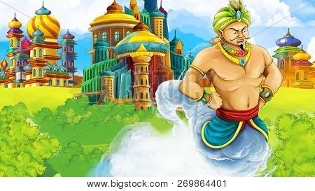 Cartoon Scene With Medieval Arabic Kingdom Prince Or King Traveling Encountering Magician - Far East