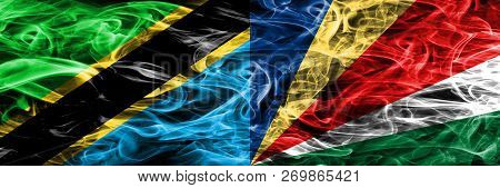 Tanzania Vs Seychelles, Seychelloise Smoke Flags Placed Side By Side. Thick Colored Silky Smoke Flag