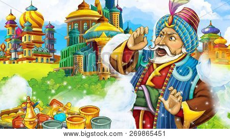 Cartoon Scene With Medieval Arabic Kingdom Prince Or King Traveling - Far East Ornaments - The Stage