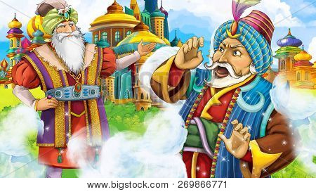 Cartoon Scene With Medieval Arabic Kingdom Prince Or King Traveling Encountering Magician - Far East
