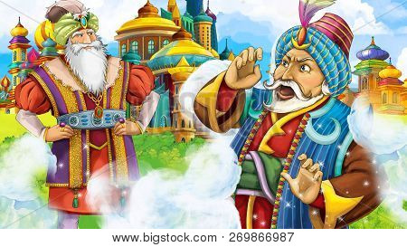 Cartoon Scene With Medieval Arabic Kingdom Prince Or King Traveling Encountering Magician - Far East