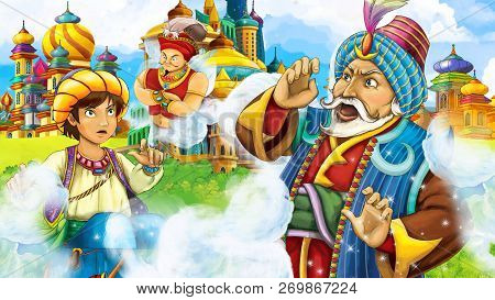 Cartoon Scene With Medieval Arabic Kingdom Prince Or King Traveling Encountering Magician - Far East