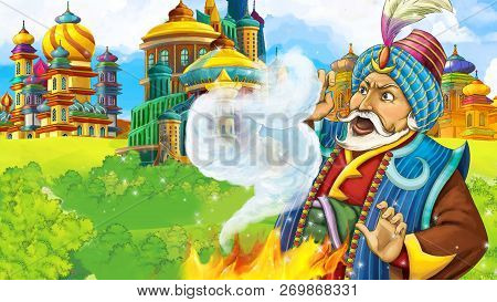 Cartoon Scene With Medieval Arabic Kingdom Prince Or King Traveling - Far East Ornaments - The Stage